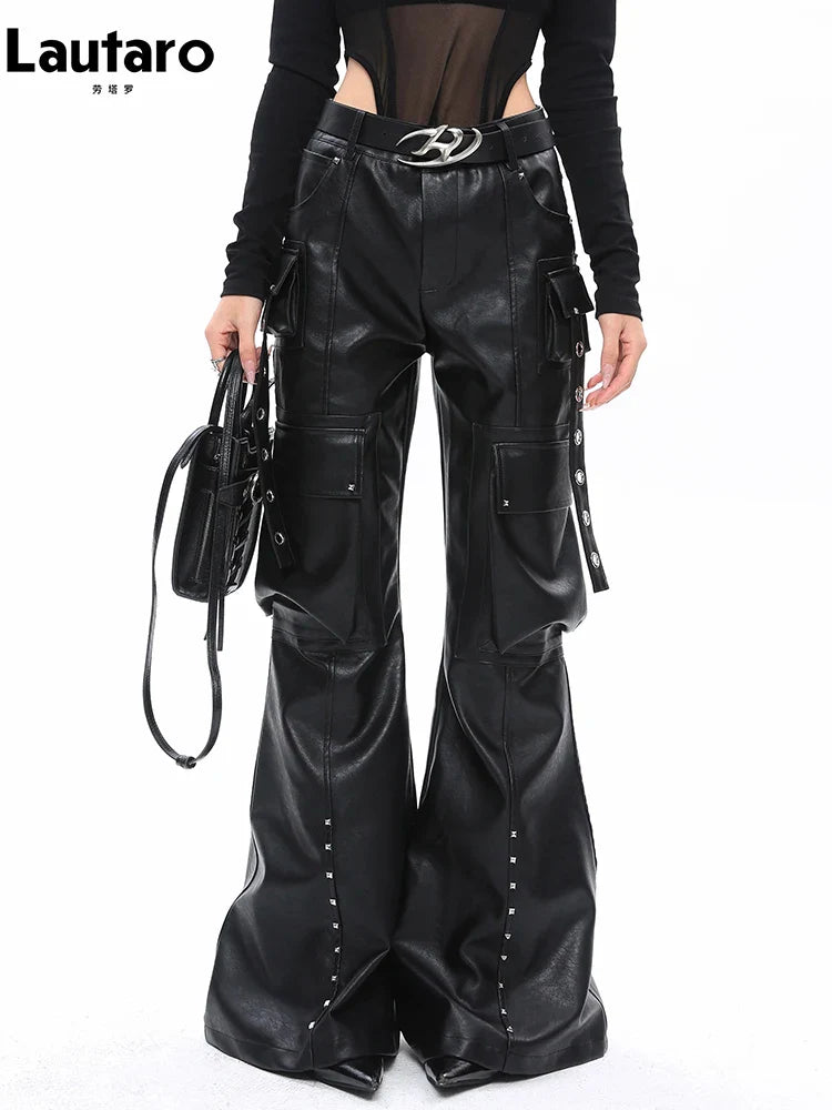 Product Image for Heidi-Mode | Lautaro Frühling Herbst Weich Schwarz Baggy Pu Leder Weite Bein Cargo Hosen für Frauen Hohe Taille Luxus Designer Emo Amerikanische 