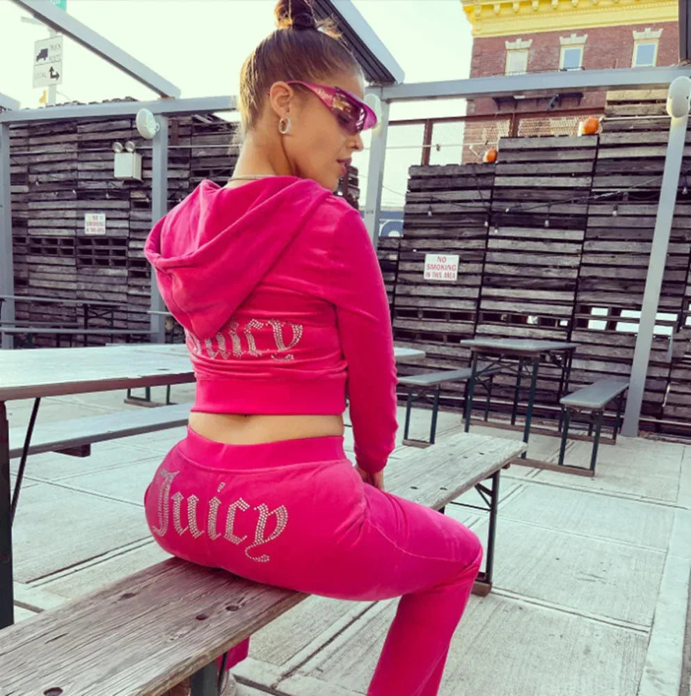 Product Image for Heidi-Mode | Velours Trainingsanzug Frauen Langarm Hoodie Juicy Bling Shine Tops und Hose Zweiteilig Diamant Logo Druck Lässige Workout Kleidung, 