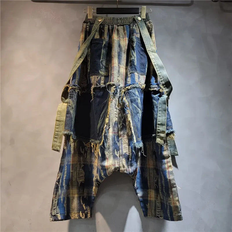 Product Image for Heidi-Mode | Mode Personality Damen Set Vintage Karo Patchwork Denim Jacke Locker Elastischer Bund Jeans Herbst Neu, blaue Jeans / L