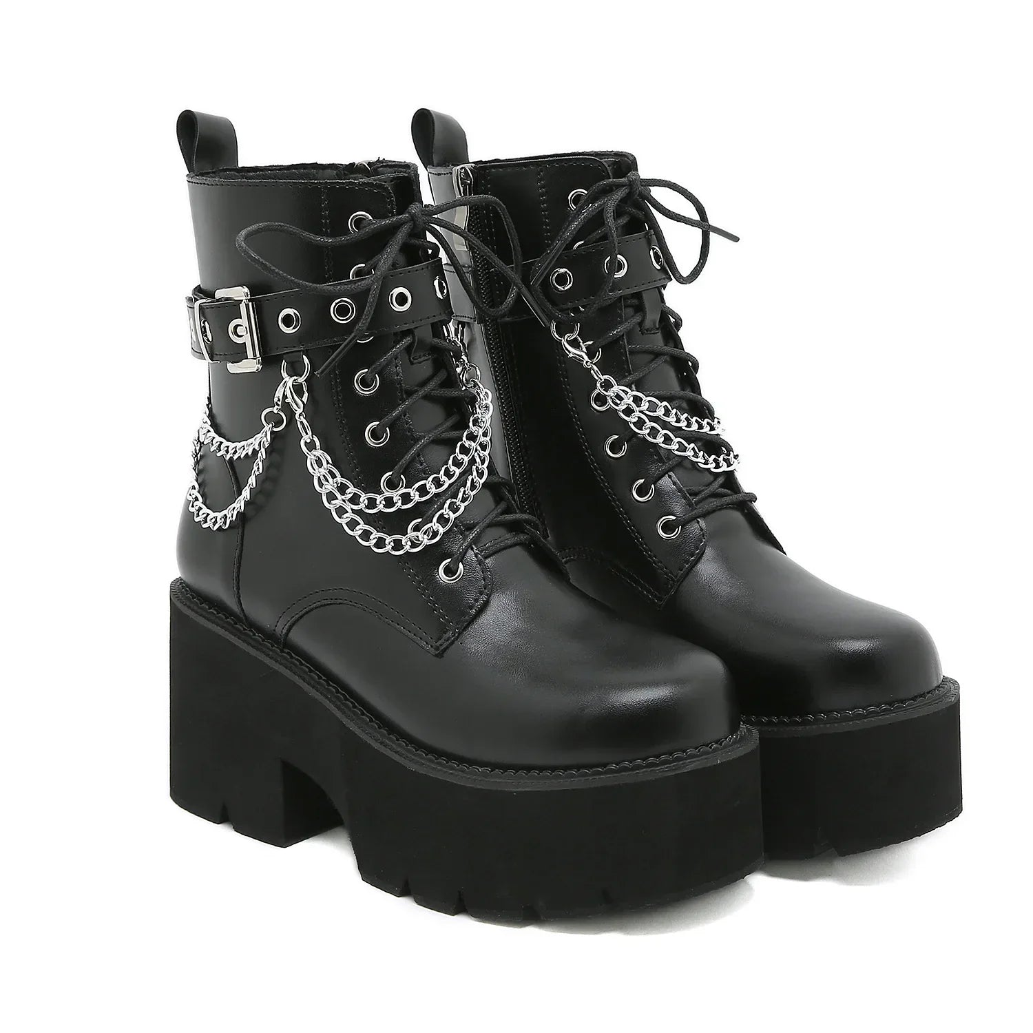 Product Image for Heidi-Mode | Frauen Plattform Schuhe Schwarze Gothic Schnalle Pu Leder Frau Creeper Punk Schuhe Weiblich Schwarze Stiefeletten Kurze Kampf Stiefel für