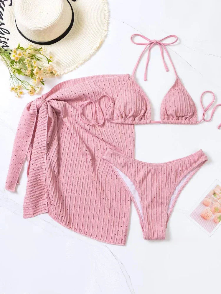 Product Image for Heidi-Mode | Neu 3 Teile Set Bademode Frauen Thong Bademode Sexy Mikro Bikini Set mit Sarong Rock Weiß Strandmode Badehose Pink, rosa / S