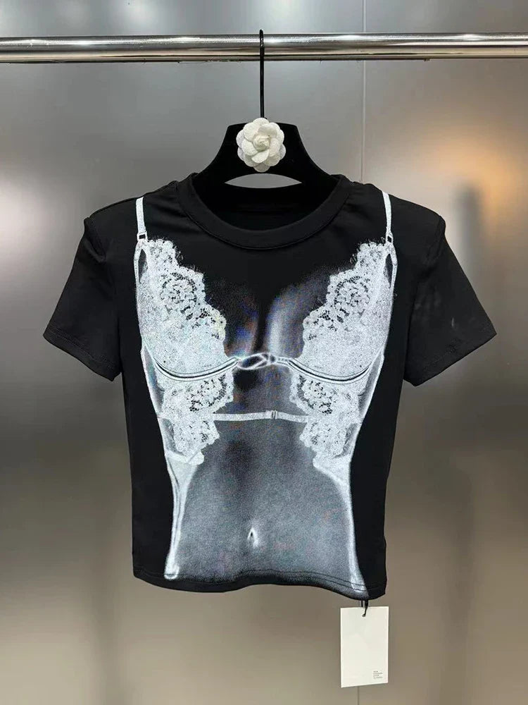 Product Image for Heidi-Mode | Modetrend Trendige Frauen Druckdesign Elastisches T-Shirt Sommer Neue Artikel Rundhals Kurzarm für Oberteilpe Female, Schwarz / M
