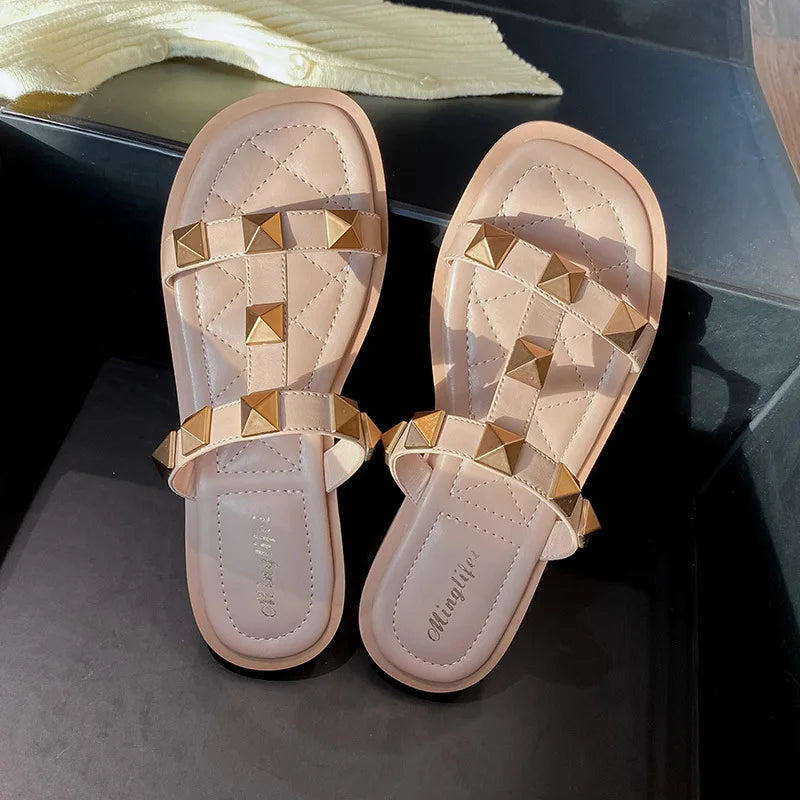 Product Image for Heidi-Mode | Damen Sommer Outdoor Sandalen Damen Freizeit Slipper Flache Schuhe Mode Nieten Design Büro und Spaziergänge, Rosa / 35