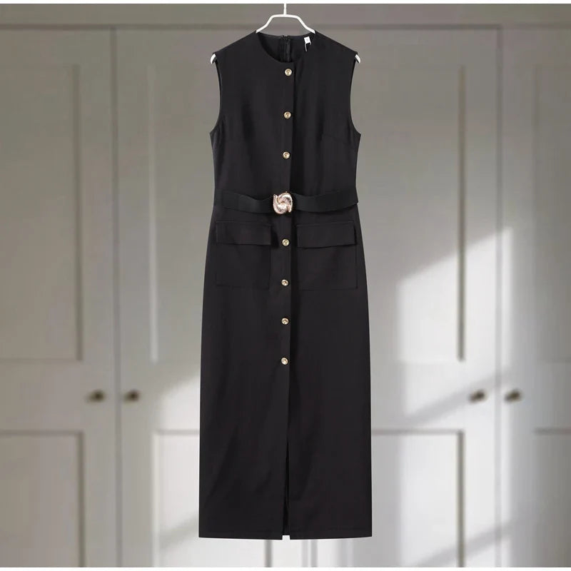 Product Image for Heidi-Mode | Elegante Split Damen Maxi Kleid O-Ausschnitt Ärmellos Einzelne Knopverschluss Taillierung Tasche Damen Kleider Sommer Damen Vestidos, 