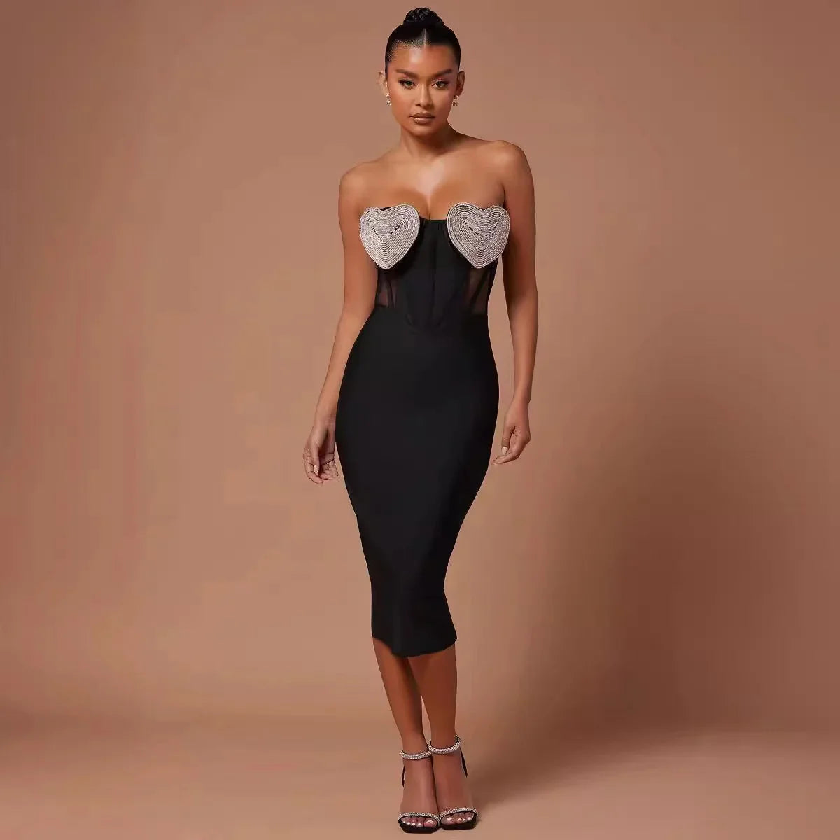 Product Image for Heidi-Mode | Frauen Sexy Off The Shoulder Herz Diamant Strapless Bodycon Midi Bandage Kleid Nachtclub Fest Feiern Outfit, schwarz / XS