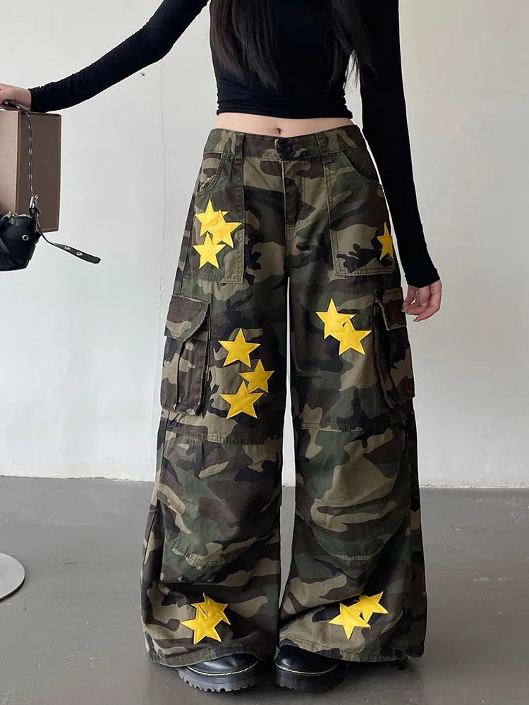 Product Image for Heidi-Mode | Y2K Kleidung Frau Stern Stickerei Camouflage Baggy Jeans Cargo Hosen für Frauen Kleidung Breite Bein Damen Neu Rock Lange Hosen, Tarnung 