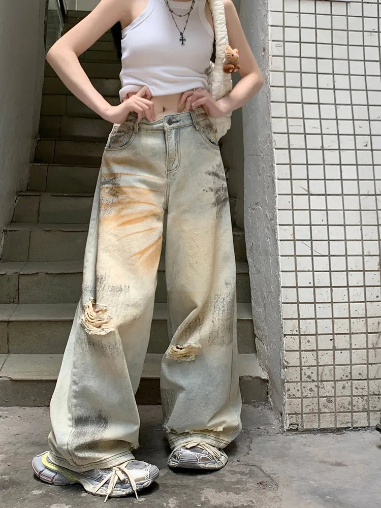 Product Image for Heidi-Mode | Y2K Grunge Graffiti Zerrissene Blaue Baggy Ripped Jeans Hosen für Frauen Kleidung Weite Beine Damen Lockere Alte Denim Hosen, Gewaschen 