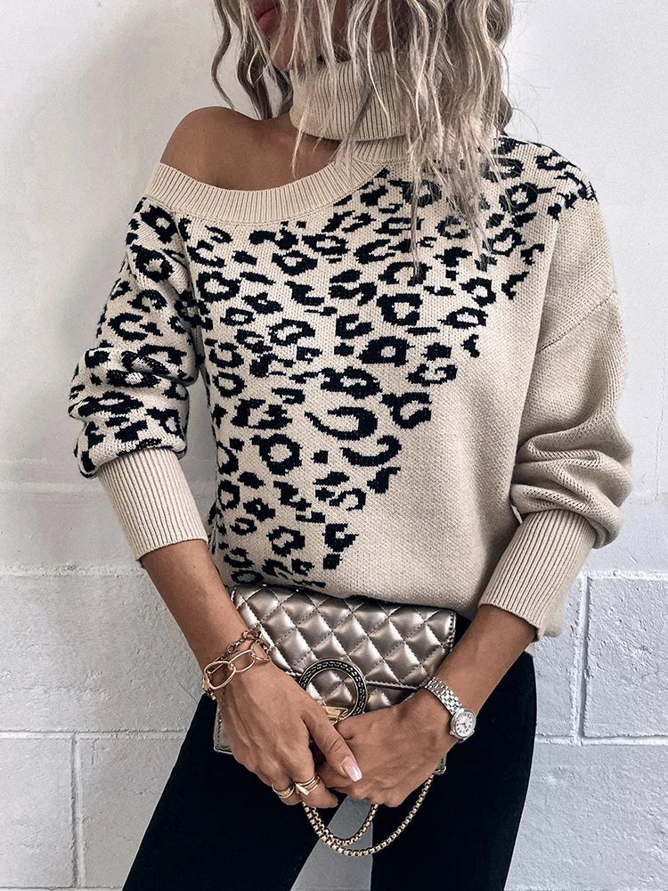 Product Image for Heidi-Mode | Stilvoll Schulterfreie Lange Ärmel Leopardenmuster Pullover, Khaki / L
