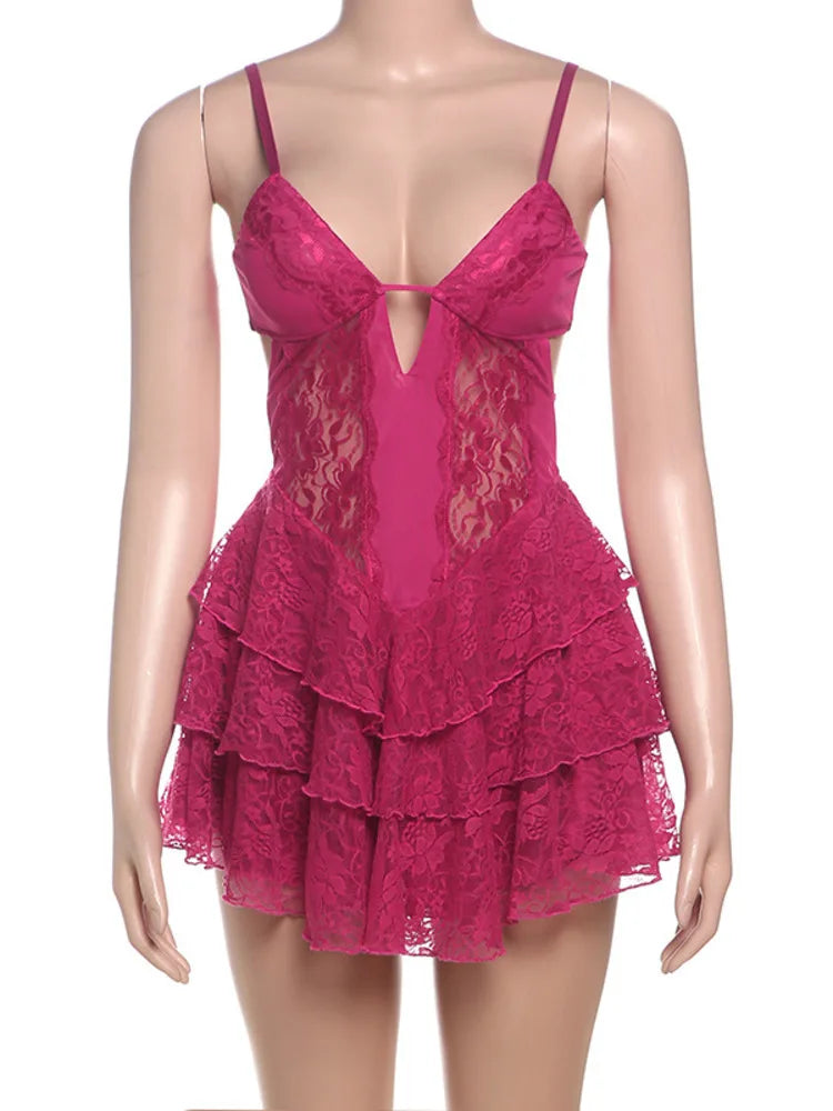 Product Image for Heidi-Mode | Spitzen-Spaghetti-Träger Sexy Mini Kleid für Frauen Mode Loch Ohne Ärmel Rückenfrei Hohe Taille Voluminös Kleid Elegant, Rot / L
