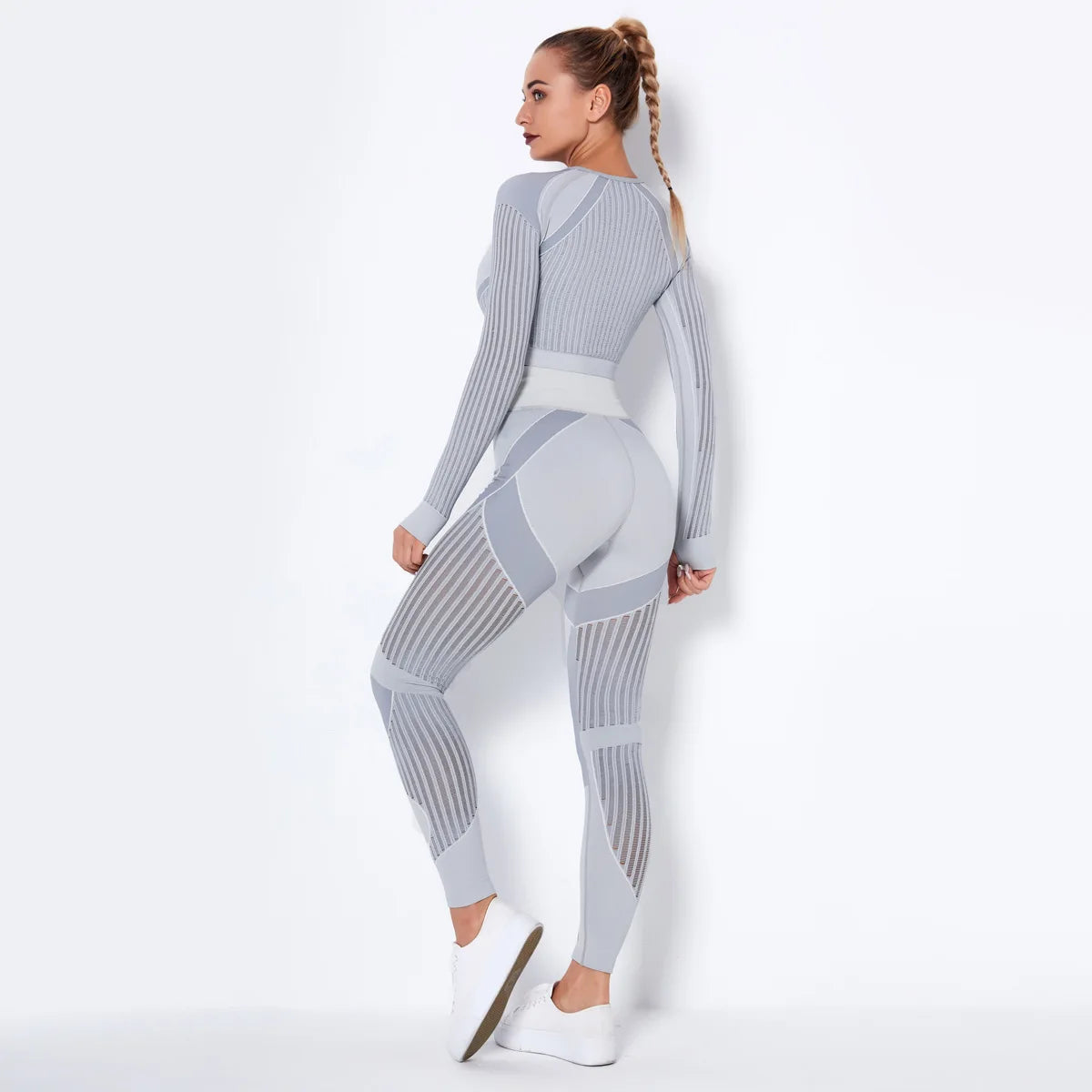 Product Image for Heidi-Mode | Hollow Out Nahtlos Yoga Set Sport Outfits Frauen Schwarz Crop Top Bh Leggings Workout Gym Anzug Fitness Sport Set, Hellgrau Anzug / XS
