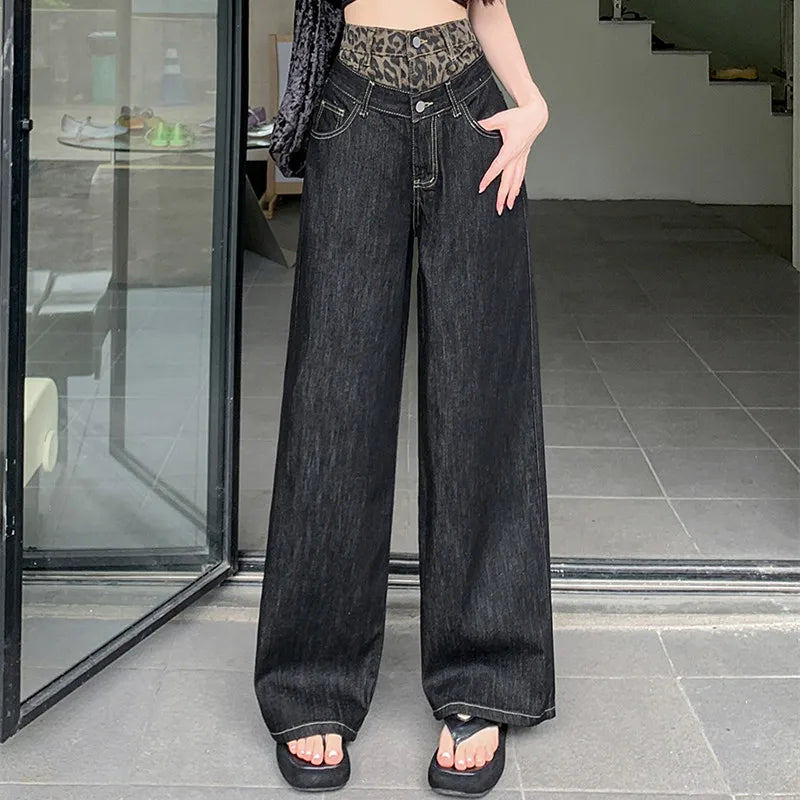 Product Image for Heidi-Mode | Trashy Y2K 2000Er Patchwork Schwarz Leopard Baggy Neue Jeans Frauen Hosen Unterwäsche Breite Beine Gerade Streetwear Damen Hosen, Schwarz
