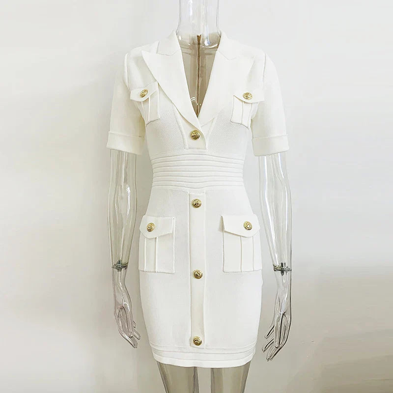 Product Image for Heidi-Mode | Neueste Designer Catwalk Mode Damen Kurzarm Notch-Kragen Löwenknöpfe Strickkleid, WEISS / XL