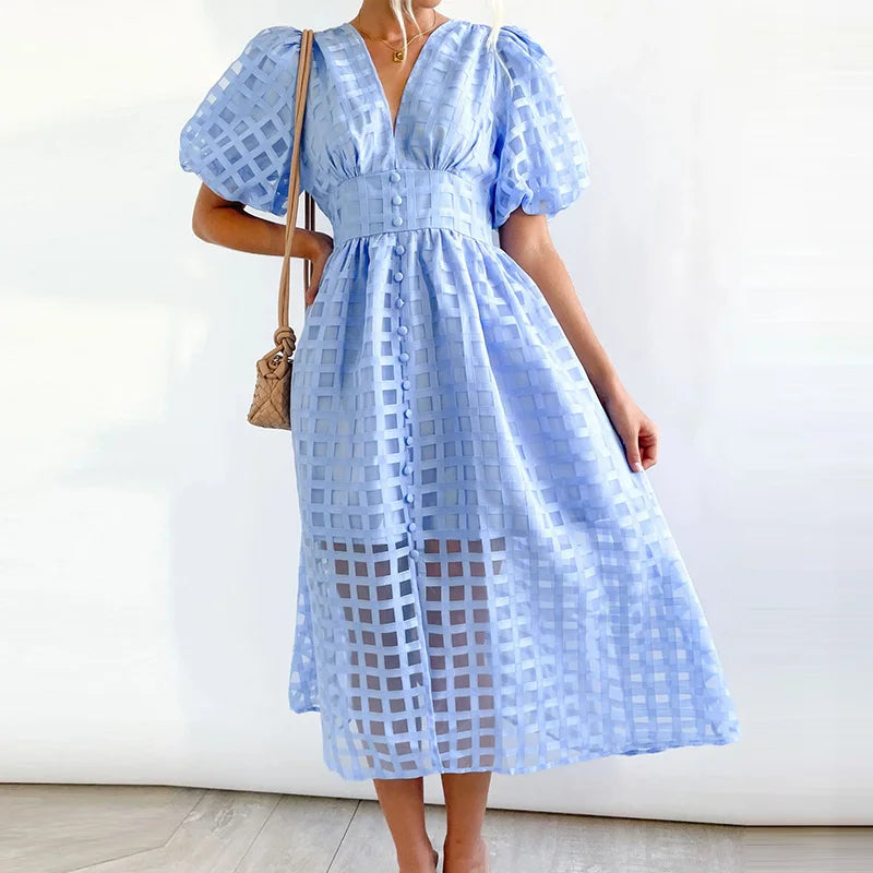 Product Image for Heidi-Mode | Sommer Mehrfarbig Laterne Kurzarm Lange Kleid Elegant Damen Solide V-Ausschnitt Großer Saum Kleid Mode Mesh Karriert Hohe Taille Kleid, 