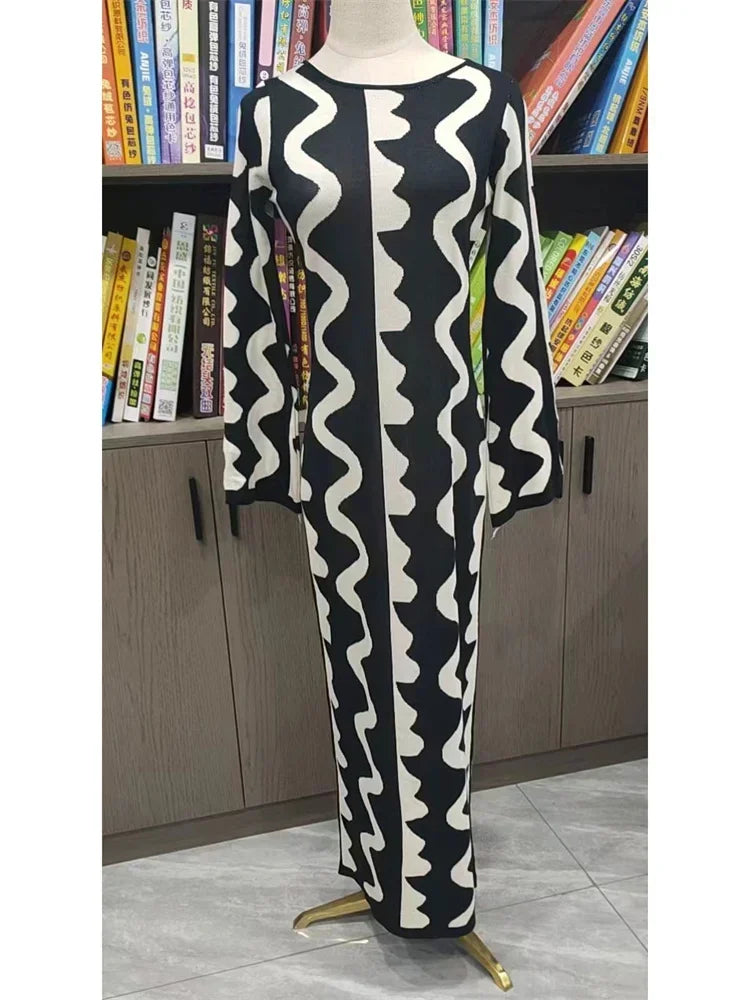 Product Image for Heidi-Mode | Tossy Gestreifter Kontrastfarbe Strick Maxi Bodycon Kleid Boho Hohe Taille Hollow Out Schlanke Kleider Frauen Urlaubskleider Vestidos, 