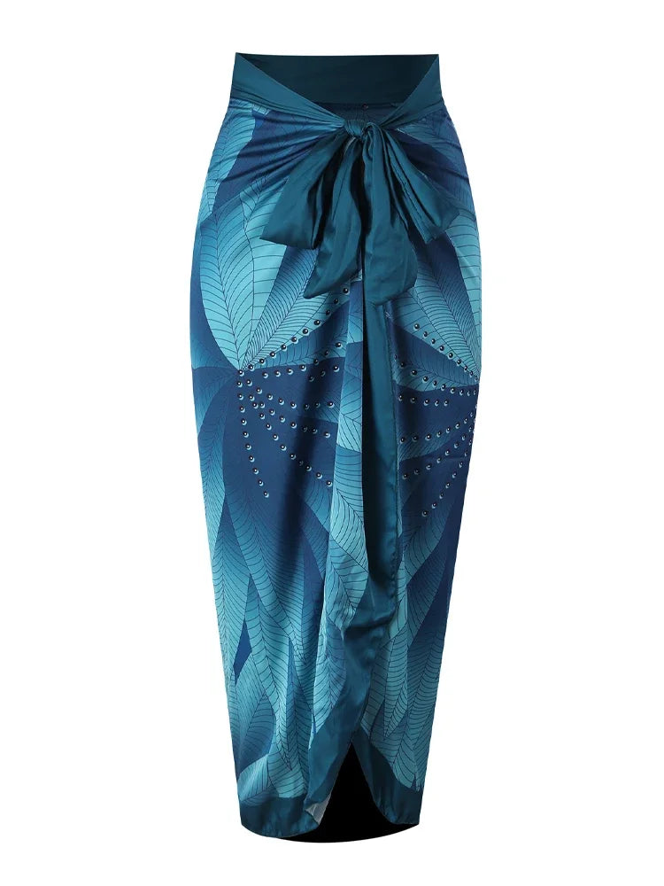 Product Image for Heidi-Mode | Elegant Blau Blätter Gedruckt Einteiler Badeanzüge Damen Mode Hohe Taille Hängender Hals Bademode Französisch Bedeckter Bauch Bikini, 