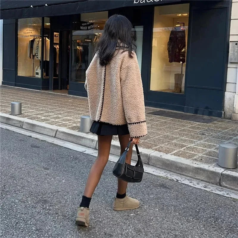 Product Image for Heidi-Mode | Damen Fleece Teddy Jacke Mit Reverskragen In Khaki Lockerer Schnitt, Khaki / XL
