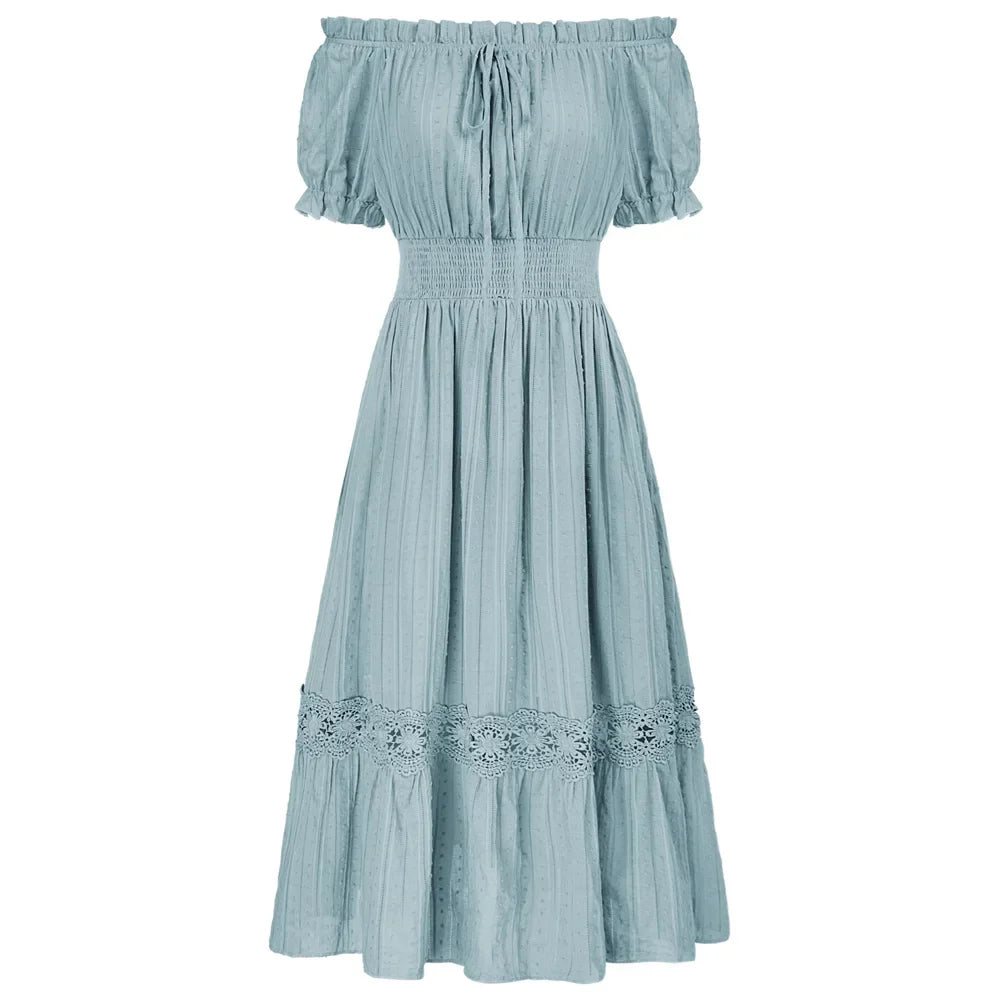 Product Image for Heidi-Mode | Sd Frauen Renaissance Baumwolle Kleid Sommer Kurzarm Rüsche Off Shoulder Ausgestellt A-Linie Kleid Rüsche Slim Fit Mode Kleider, Blass 