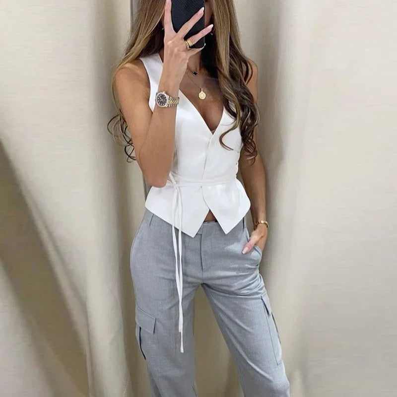 Product Image for Heidi-Mode | Elegant Chic Schnür V-Ausschnitt Damen Weste Solid Dünn Ohne Ärmel Tops Female Frühling Sommer Mode Sexy Dame Streetwear, WEISS / M