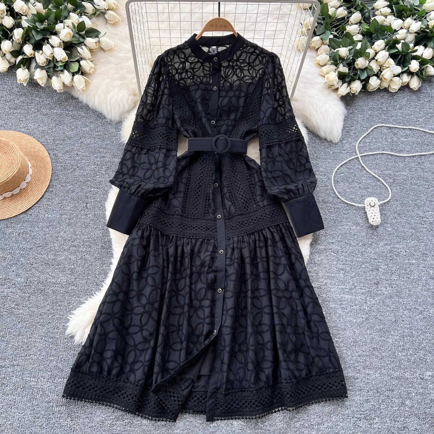 Product Image for Heidi-Mode | Herbst Elegant Hülse Ausgeschnitten Spliced Spitze Blumen Stickerei Kleid Damen Stehkragen Bandage Einfache Knopf Party Midi Kleider, 