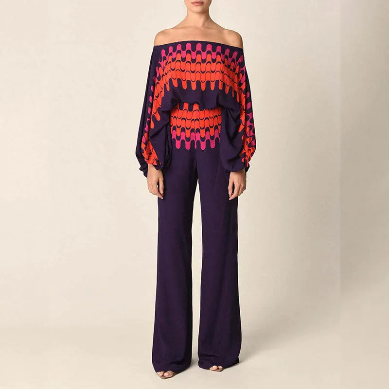 Product Image for Heidi-Mode | Damenmode Loch Off-Shoulder Tops mit Langen Hosen Büro Dame 2-Teiliges Set Neu Lässige Weite Bein Hosen Anzüge, Lila-Druck / M