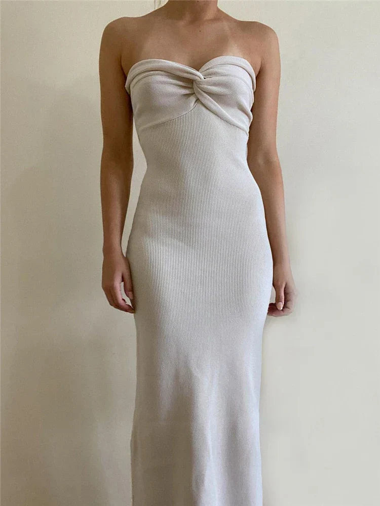 Product Image for Heidi-Mode | Tossy Strapless Strick Maxi Kleider für Frauen Sommer Strandparty Bodycon Kleid Off Shoulder Twist Strick Abend Rückenfreies Kleid, Weiß 