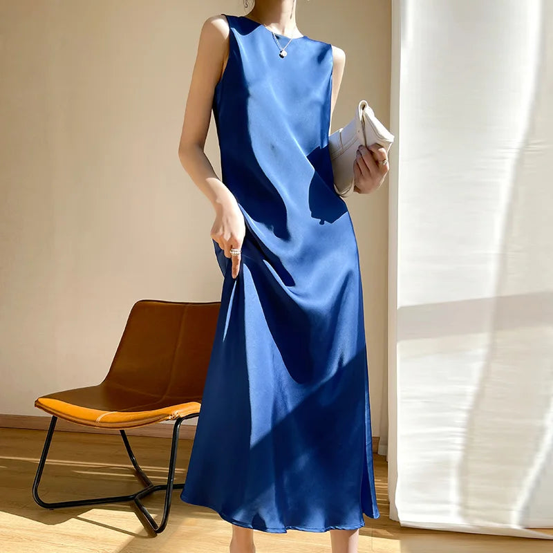 Product Image for Heidi-Mode | Helle Luxus Acetat Satin Seiden Wickelkleid Frau Französisch Nische Schlank Sexy V-Ausschnitt Temperament Unterkleid, Blau / M
