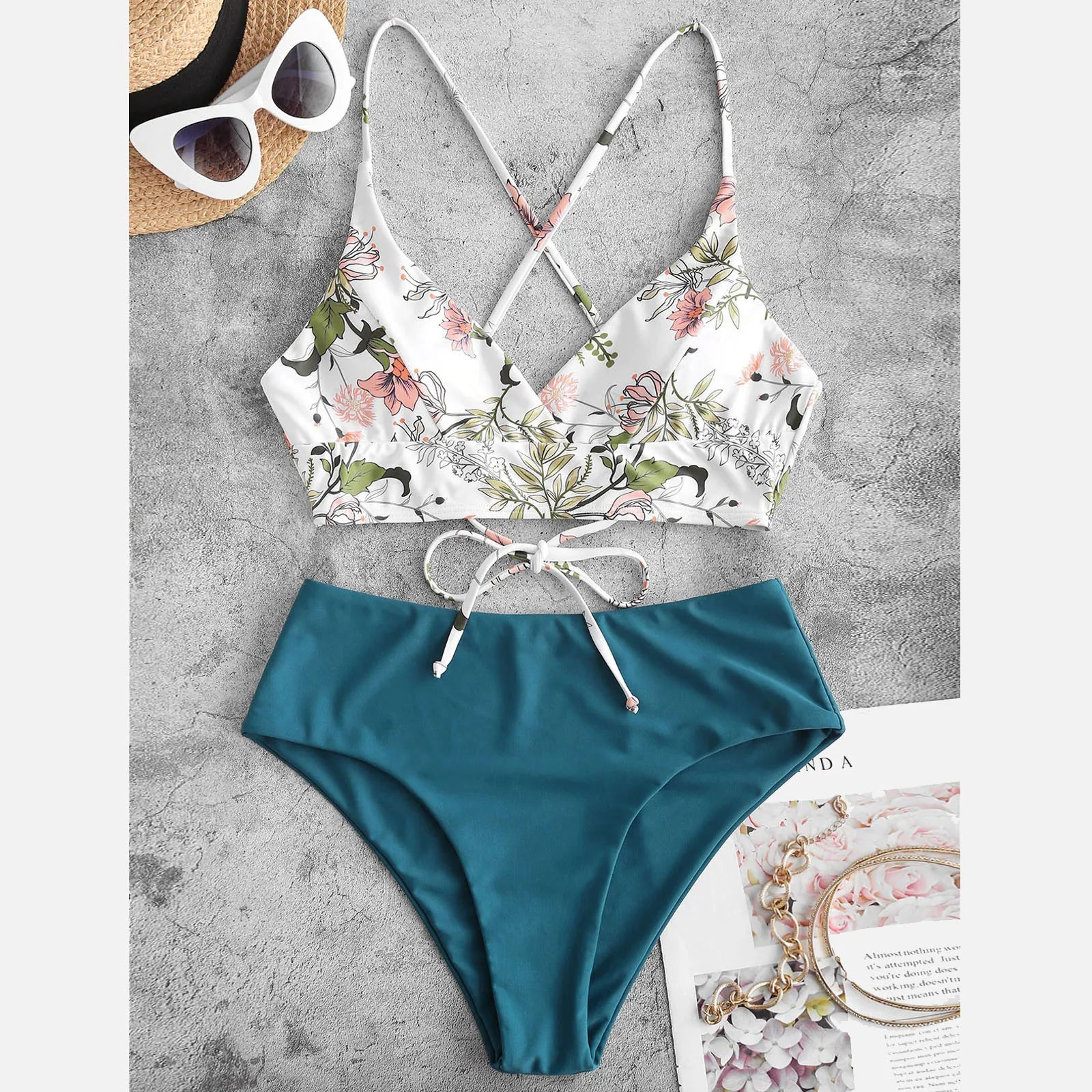 Product Image for Heidi-Mode | Sommer Frauen 2 Geteilte Bademode Blumenmuster Spaghettiträger Badeoberteil Hohe Taille Bikinioberteile Weibliches Strandbadeanzug, 