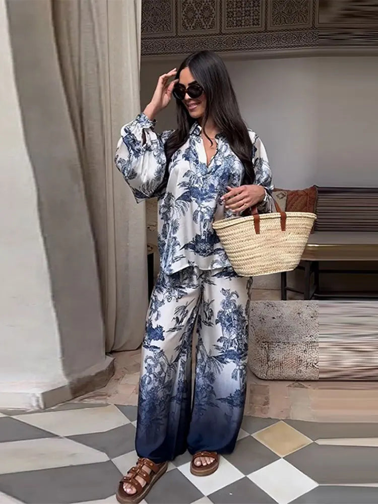 Product Image for Heidi-Mode | Elegante Satin Blau Druck Hose 2 Teile Set Damen Mode Laternenärmel Shirt Breite Bein Hose Set Locker Lässig Streetwear, blau / M