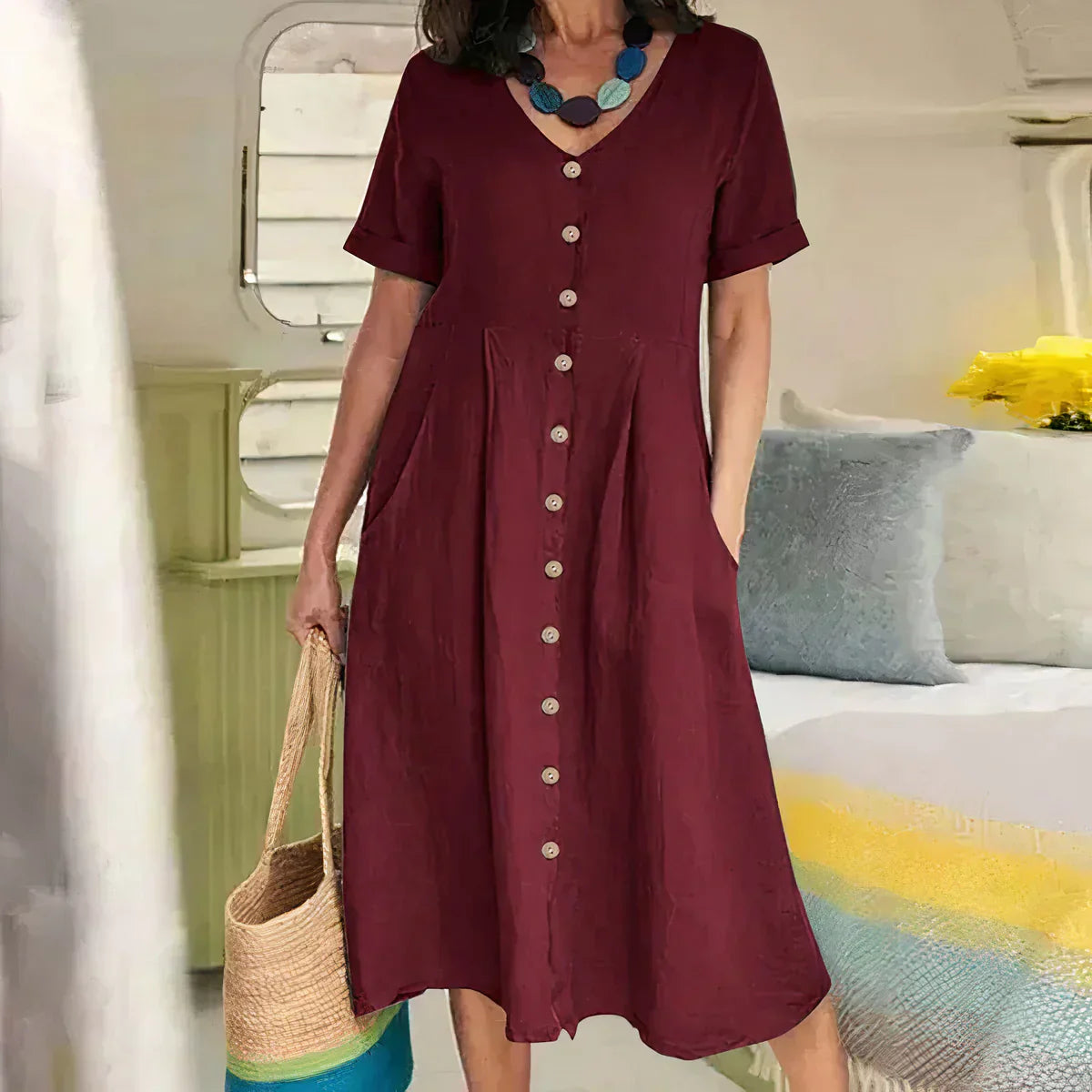 Product Image for Heidi-Mode | Elegante Leinen Damenkleid Sommerlich Leicht, Rot / S