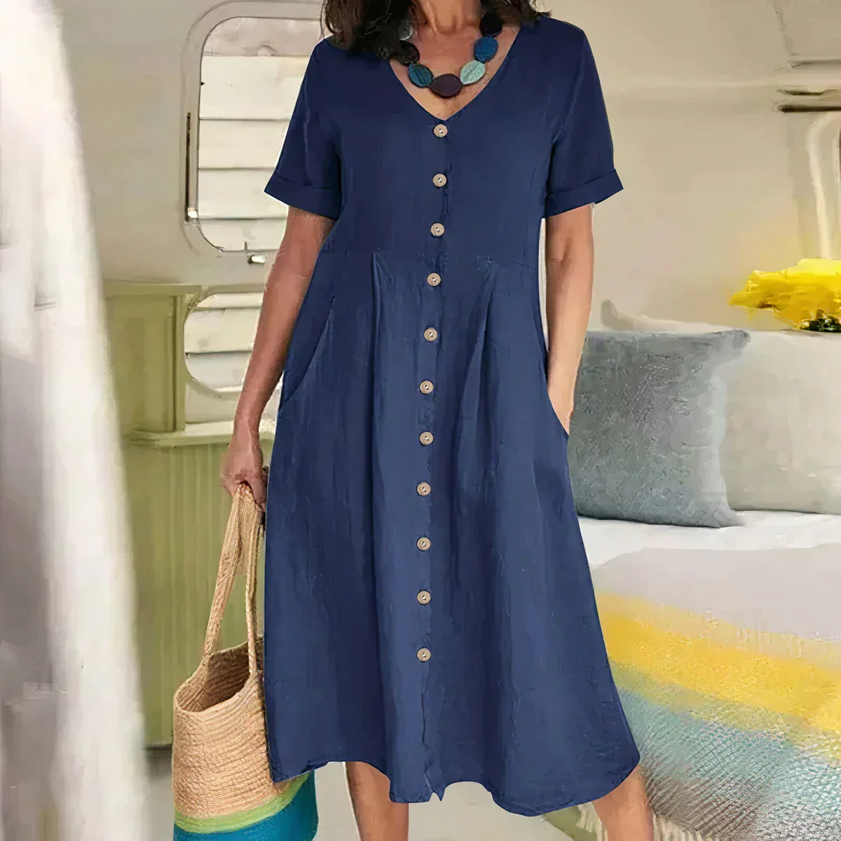 Product Image for Heidi-Mode | Elegante Leinen Damenkleid Sommerlich Leicht, Dunkelblau / XL