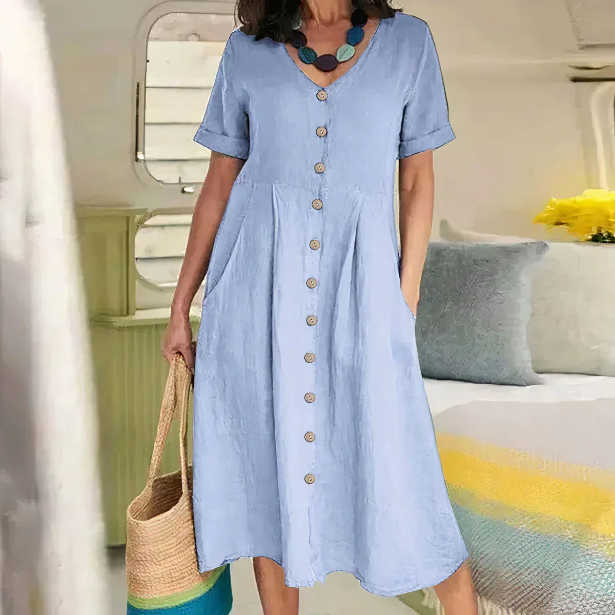 Product Image for Heidi-Mode | Elegante Leinen Damenkleid Sommerlich Leicht, Blau / 5XL