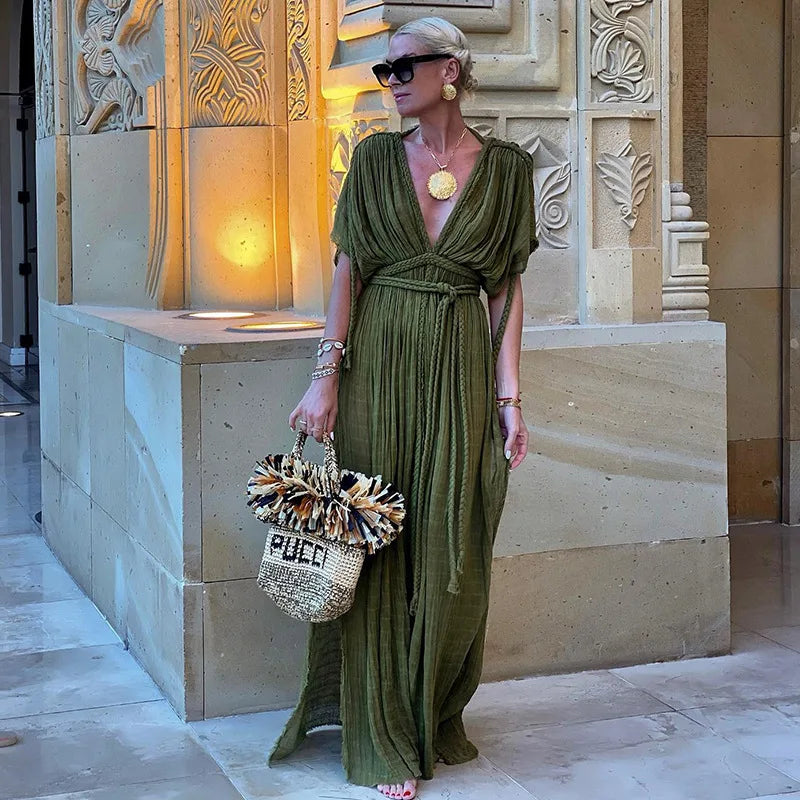 Product Image for Heidi-Mode | Grüne Bohemia Ferienanzug Frauen Elegant Solid Lässig Lockere Lange Kleider Sommer Sexy Geshitzte Rückenfreier Maxi Strandkleid Neu, Grün