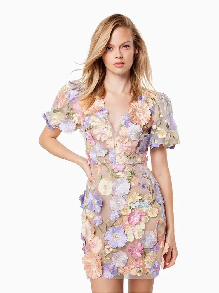 Product Image for Heidi-Mode | Runway Frühling/Sommer Neu Mesh 3D Blumenstickerei Perspektiv Abend Prom Kleid Frauen Urlaub Robe Vestido Fest, L / blaue Mini