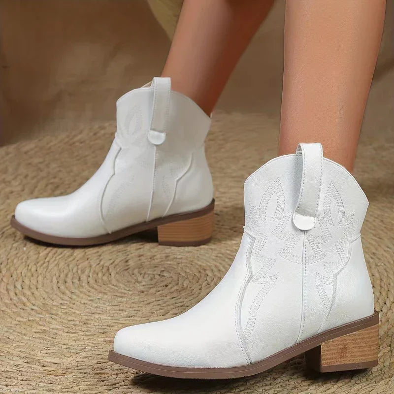 Product Image for Heidi-Mode - PU Leder niedriger Absatz rutschfeste Damen Cowboystiefel, Weiß / 39