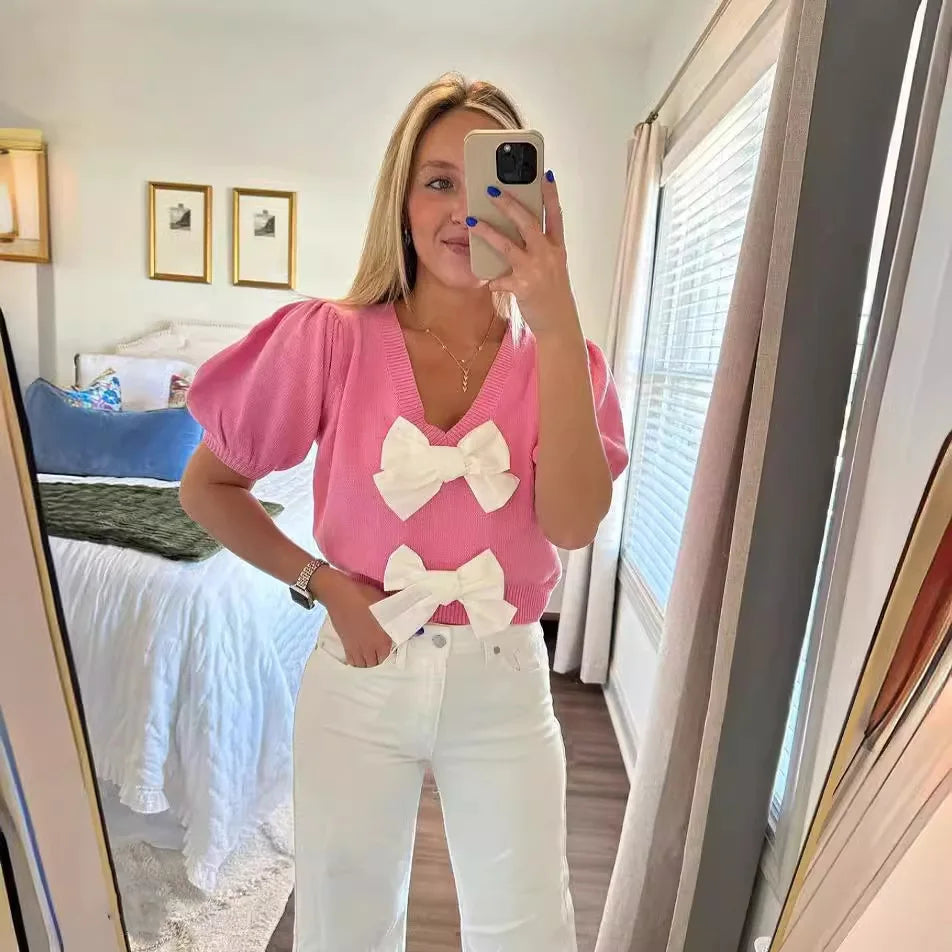 Product Image for Heidi-Mode | Frühling Sommer Frauen Strickpullover Pullover Schleife Schnürung V-Ausschnitt Kurz Puffärmel Crop Weiblich Süß Rosa Weiß Streetwear, 