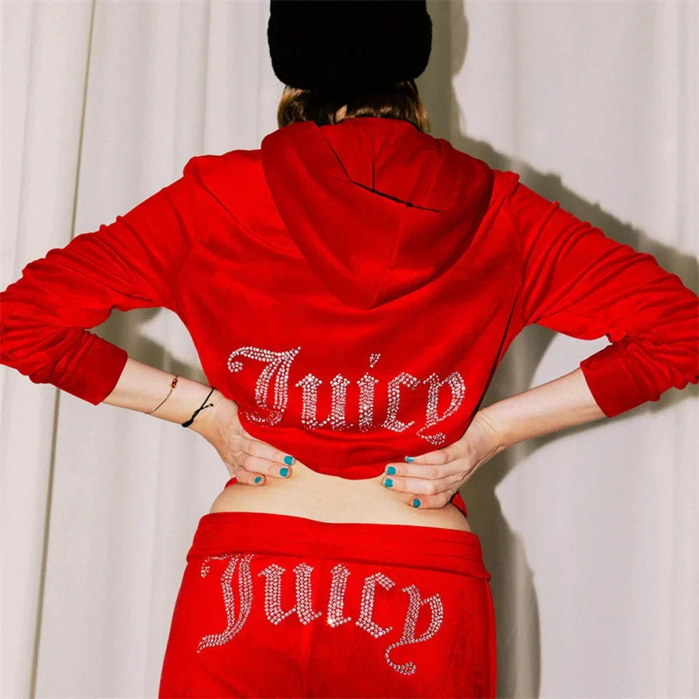 Product Image for Heidi-Mode | Velours Trainingsanzug Frauen Langarm Hoodie Juicy Bling Shine Tops und Hose Zweiteilig Diamant Logo Druck Lässige Workout Kleidung, Rot 
