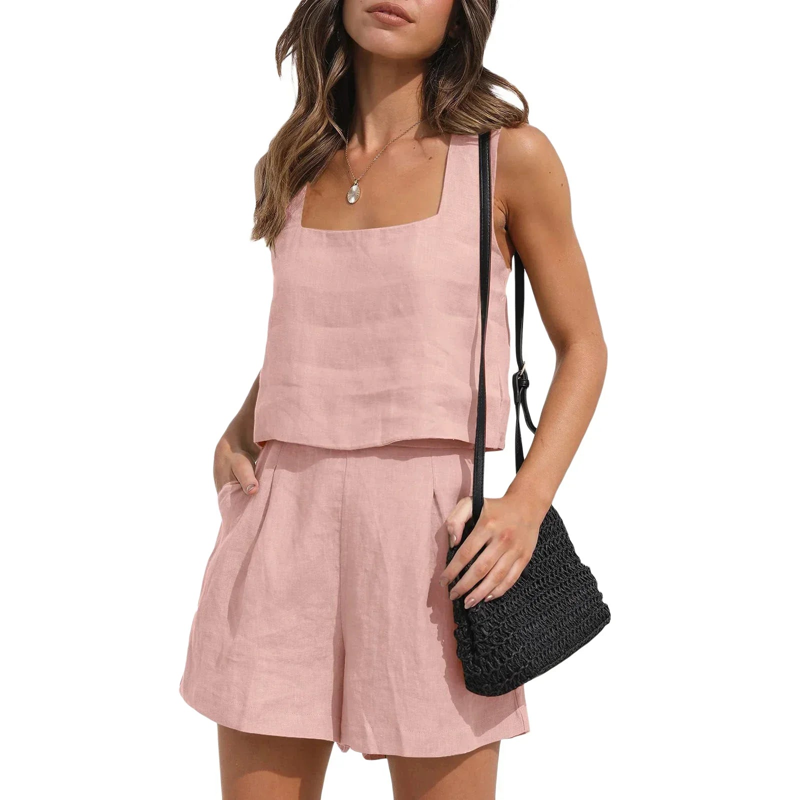 Product Image for Heidi-Mode | Kurze Anzug Frauen 2 Teile Set Weste Shorts Outfit Einfarbig Ohne Ärmel Frühling Sommer Taschen Lässig Alltag Leinen Damenbekleidung, 