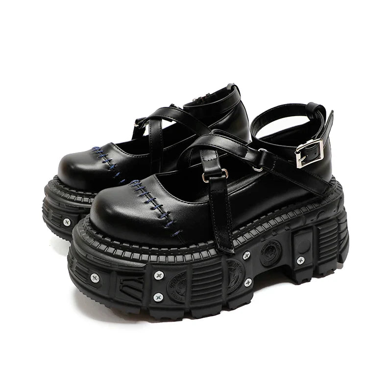 Product Image for Heidi-Mode | Punk Stil Flach Plattform Schuhe Niete Schnalle Riemen Mary Janes Kreuz Riemen Schwarz Leder Dicke Sohle Schuhe Frauen Sandalen Sommer, 