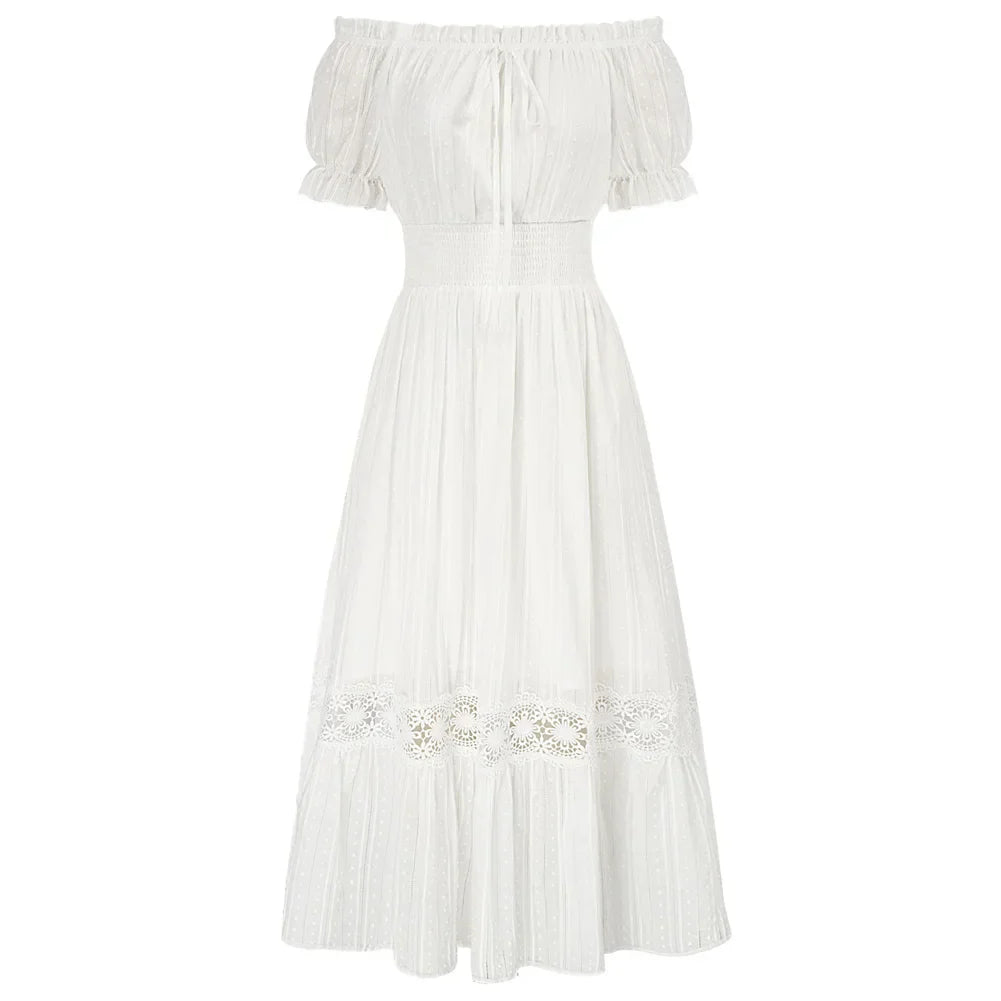 Product Image for Heidi-Mode | Sd Frauen Renaissance Baumwolle Kleid Sommer Kurzarm Rüsche Off Shoulder Ausgestellt A-Linie Kleid Rüsche Slim Fit Mode Kleider, 