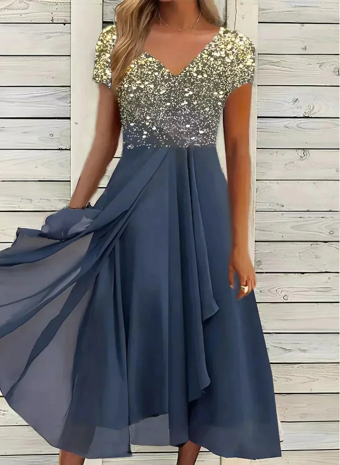 Product Image for Heidi-Mode | Elegantes Damen Chiffon Cocktailkleid für Festliche Anlässe, Gold-Blau / 4XL