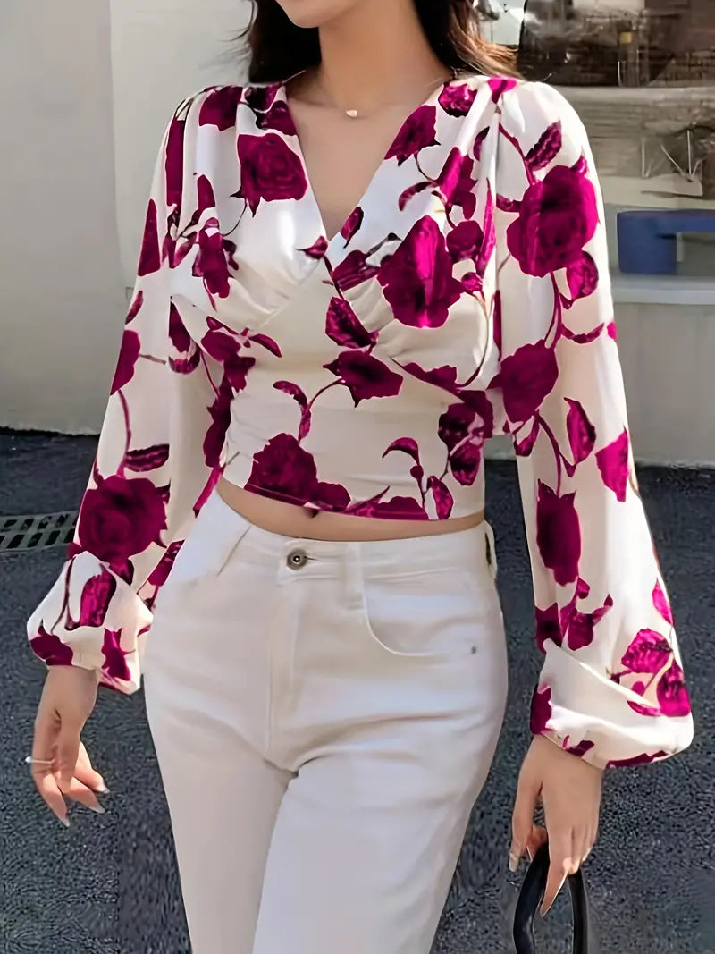 Product Image for blouse met V-hals en strik op de rug met rozenprint, L / Roze