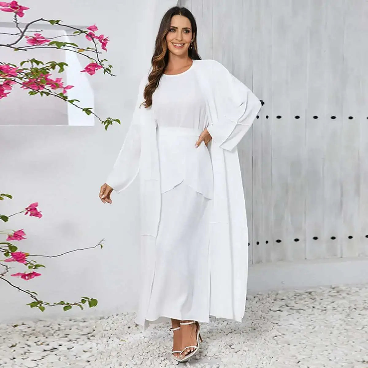 Product Image for Heidi-Mode | 10 Farboptionen 3 Teile Set Rüsch Abaya Kleid Anzug Set Ohne Abaya, Mittlere Wickel und Innere Ärmellose Kleid, L / Weiß