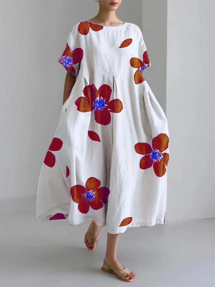 Product Image for Casual, losse, gebloemde jurk met ronde hals, Rood / XL