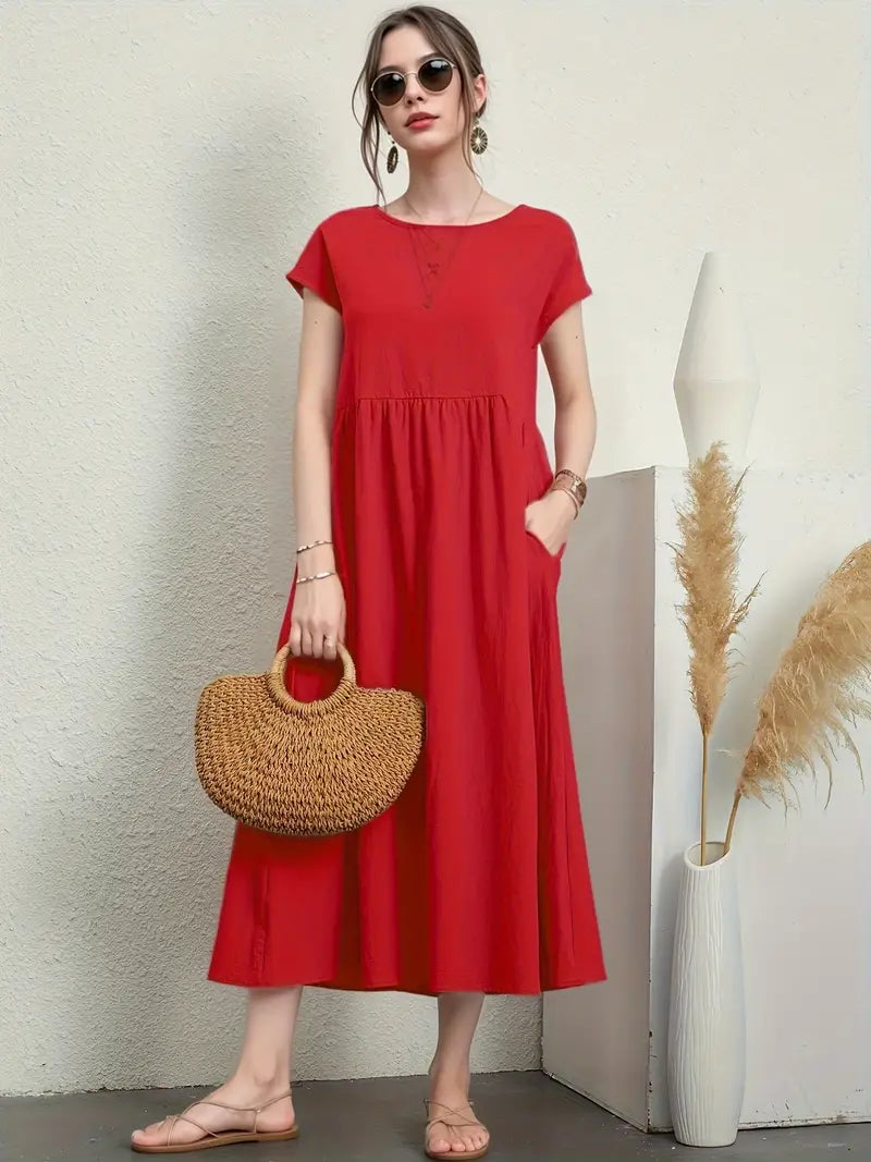 Product Image for – lässige, kurzärmlige sommerkleider mit rundhalsausschnitt und taille, Rot / S