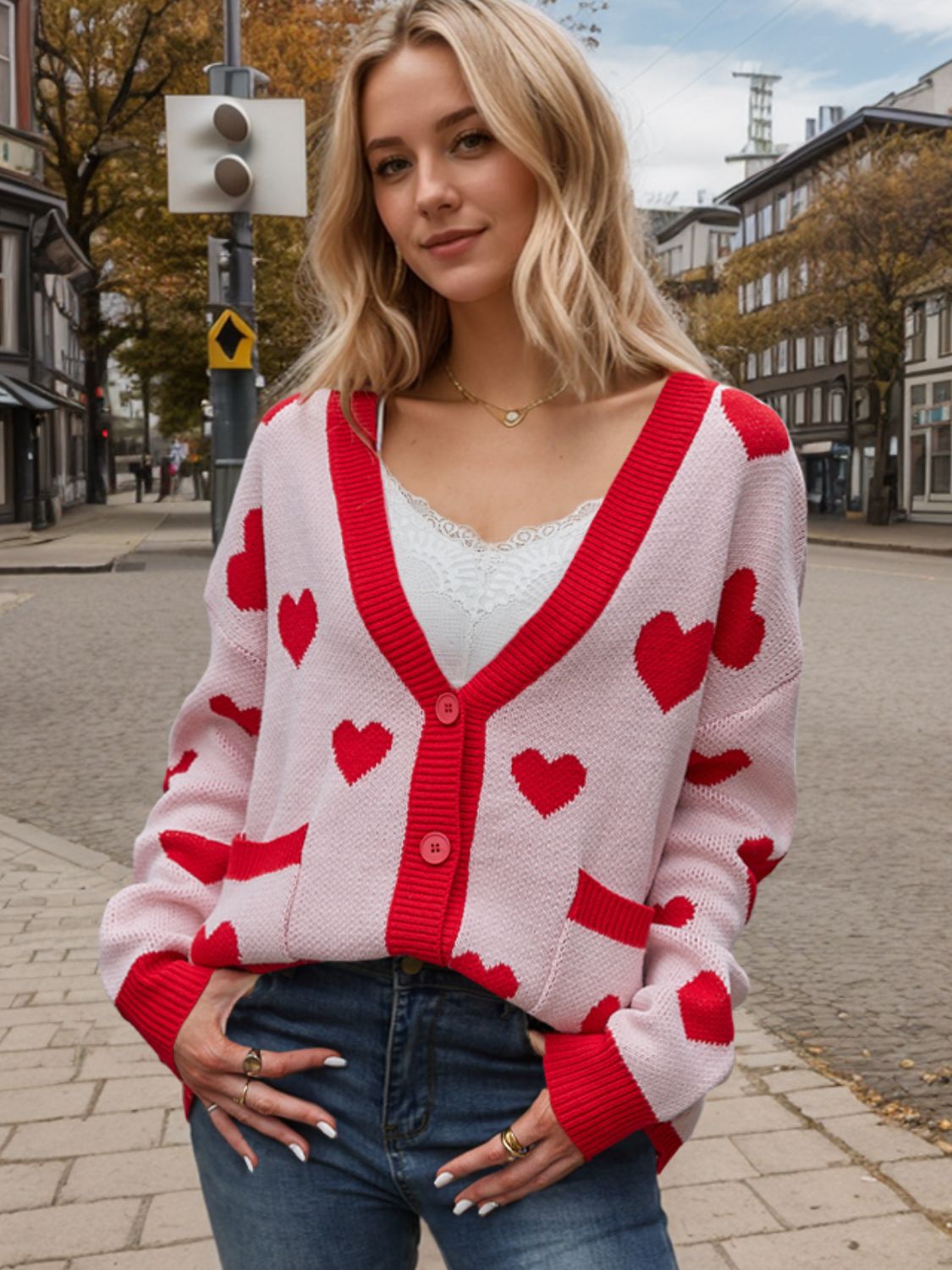 Product Image for Heidi-Mode | Herz Knopf Auf Abfall Schulter Lange Sleeve Strickjacke, Blush Pink / M