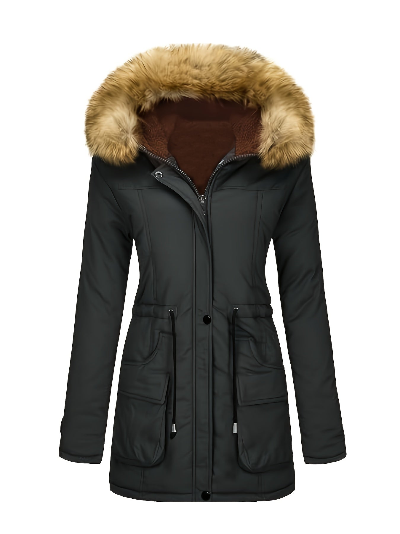 Product Image for Heidi-Mode | Fleece Parka Winterjacke mit veganer Fellkapuze für Damen - Ideal für den Alltag, Dunkelgrau / S