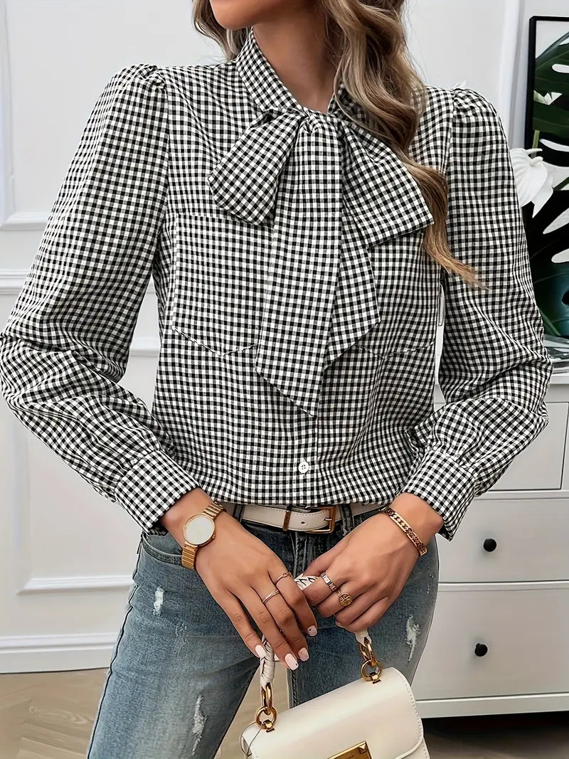 Product Image for Heidi-Mode | Elegante Karierte Bluse mit Schleife für Frauen, Schwarz / XL
