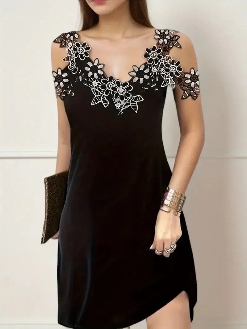 Product Image for Heidi-Mode | Kleid V-Ausschnitt mit Spitzen Ärmellos Figurumspielend Kurz Eleganter Schnitt, XL / Schwarz