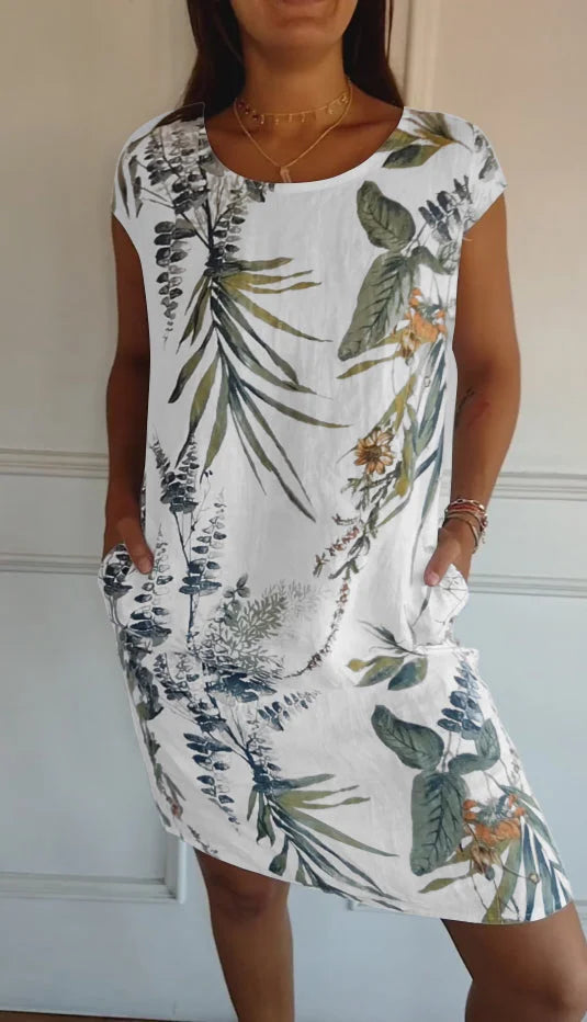 Product Image for Heidi-Mode | Bedrucktes Kleid mit Rundhalsausschnitt aus Baumwolle und Leinen für Frauen, Weiße kurze Ärmel / S