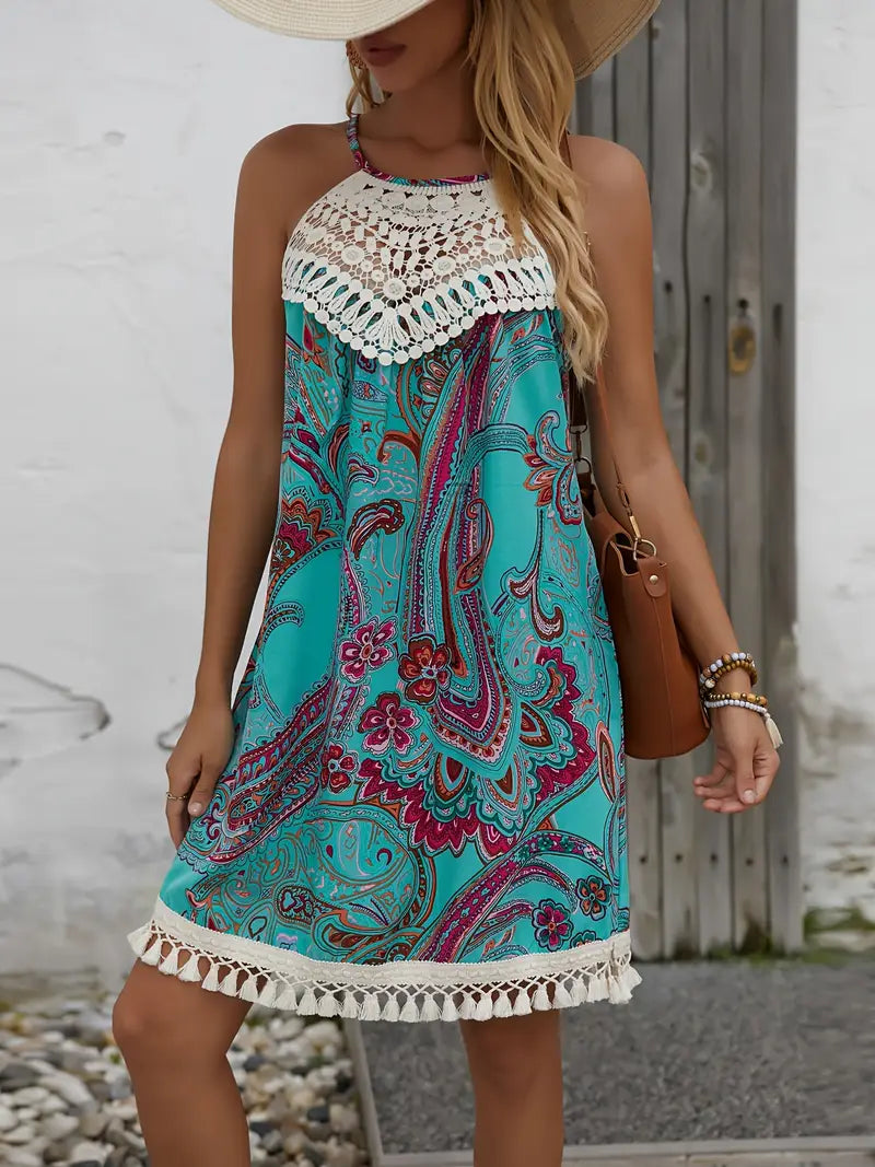 Product Image for Heidi-Mode | Stylisches Damenkleid mit Paisley-Print und Spitze, Dunkles Cyan / L